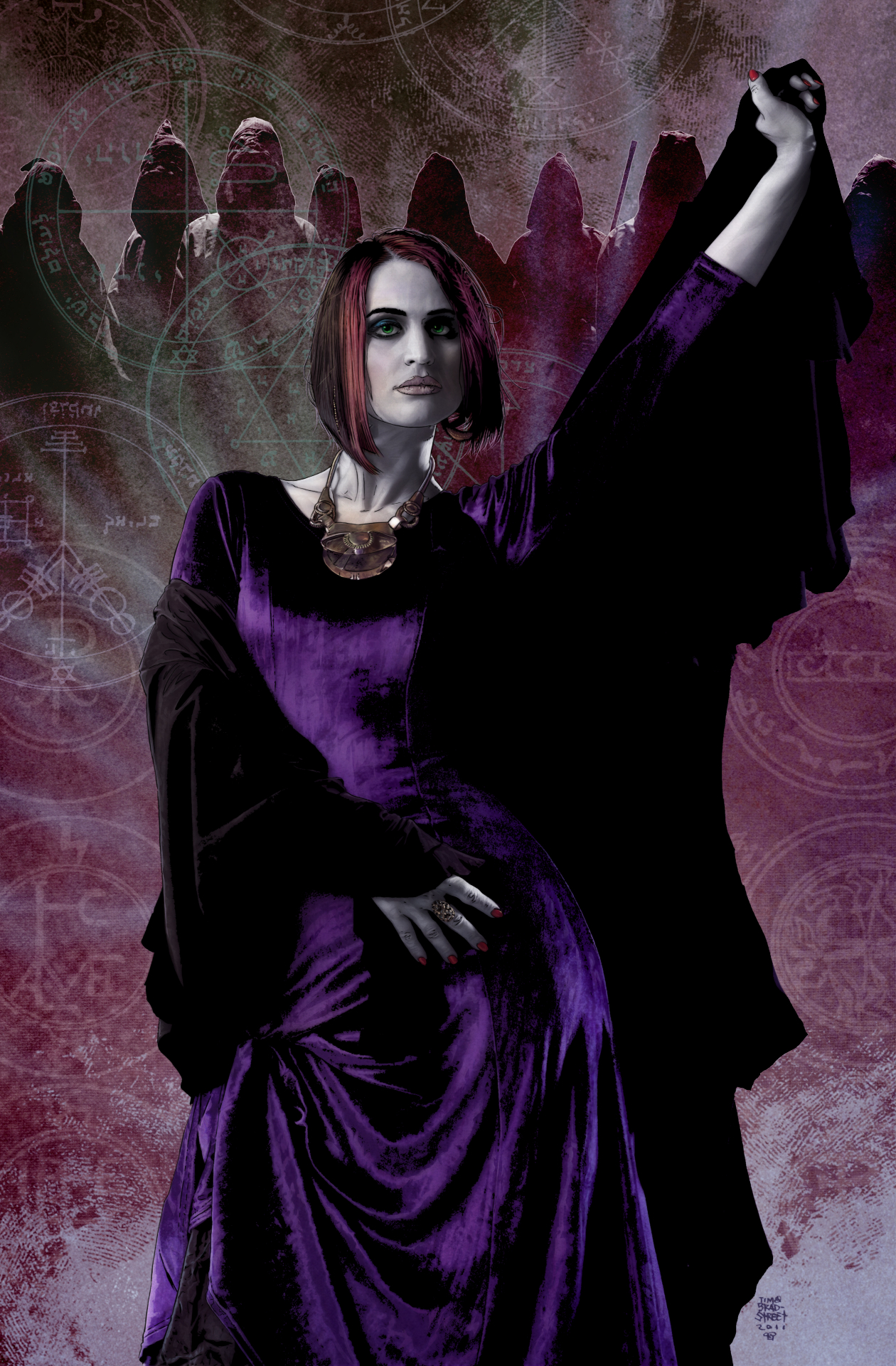 A Tremere sorceress in violet robes channeling blood magic with hooded figures in the background